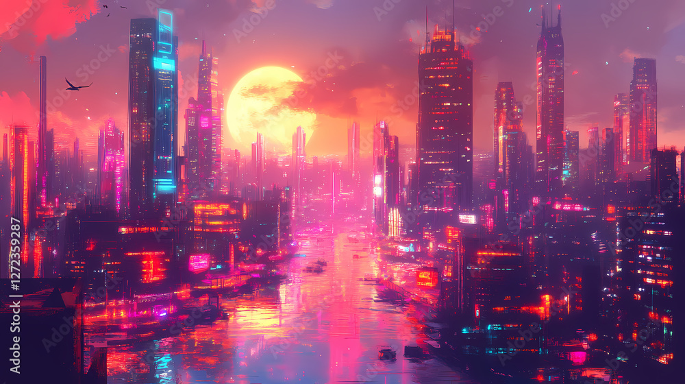 Fototapeta premium Dreamscape cityscape: vibrant futuristic metropolis at dusk. Neon Dreamscape City. Illustration