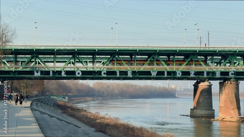 Gdański Bridge and Vistula waterfront on a sunny winter day in Warsaw