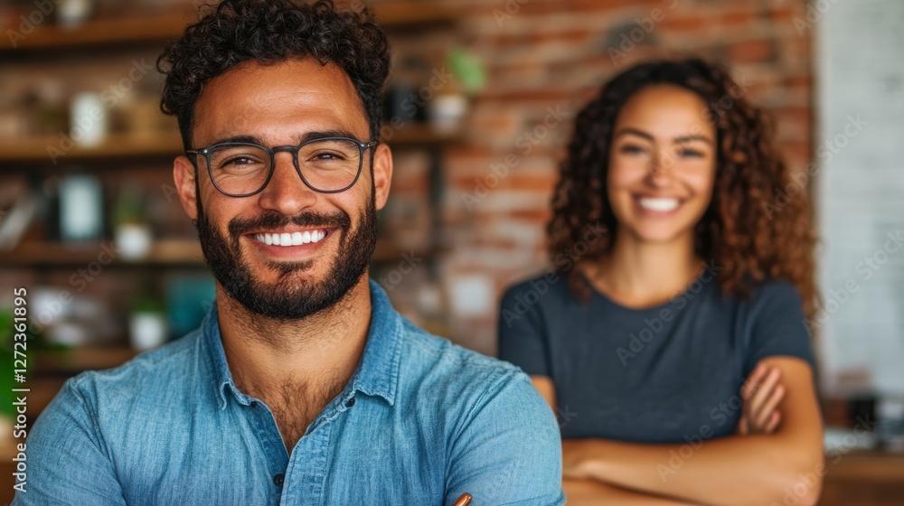 Smiling man with glasses, woman in background. Happy couple, entrepreneurs, small business owners. Smiling man with glasses, woman in background. Happy couple, entrepreneurs, small business owners.