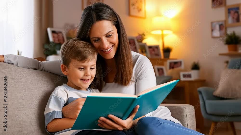 Loving mother sharing engaging book with young son, sitting close together on comfortable living room sofa, experiencing warm family connection through storytelling Loving mother sharing engaging book with young son, sitting close together on comfortable living room sofa, experiencing warm family connection through storytelling