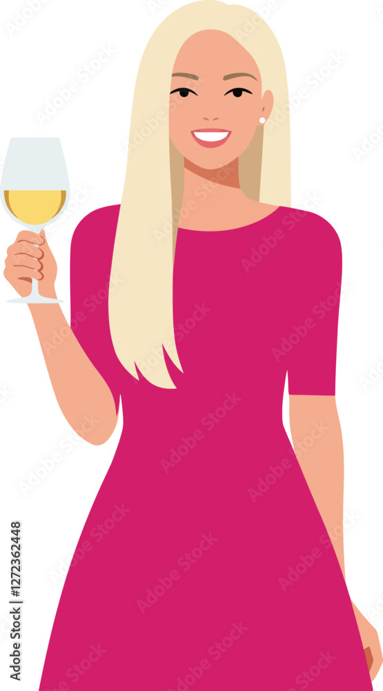 Woman in pink dress holding a wine glass in flat vector art style vector illustration Woman in pink dress holding a wine glass in flat vector art style vector illustration