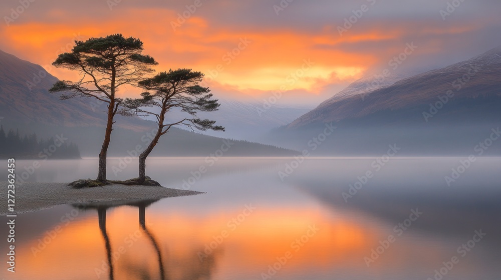 Two Pines Stand Alone on a Misty Lake at Sunset Two Pines Stand Alone on a Misty Lake at Sunset