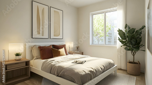 Scandinavian-inspired bedroom with floating white frame and minimalist decor