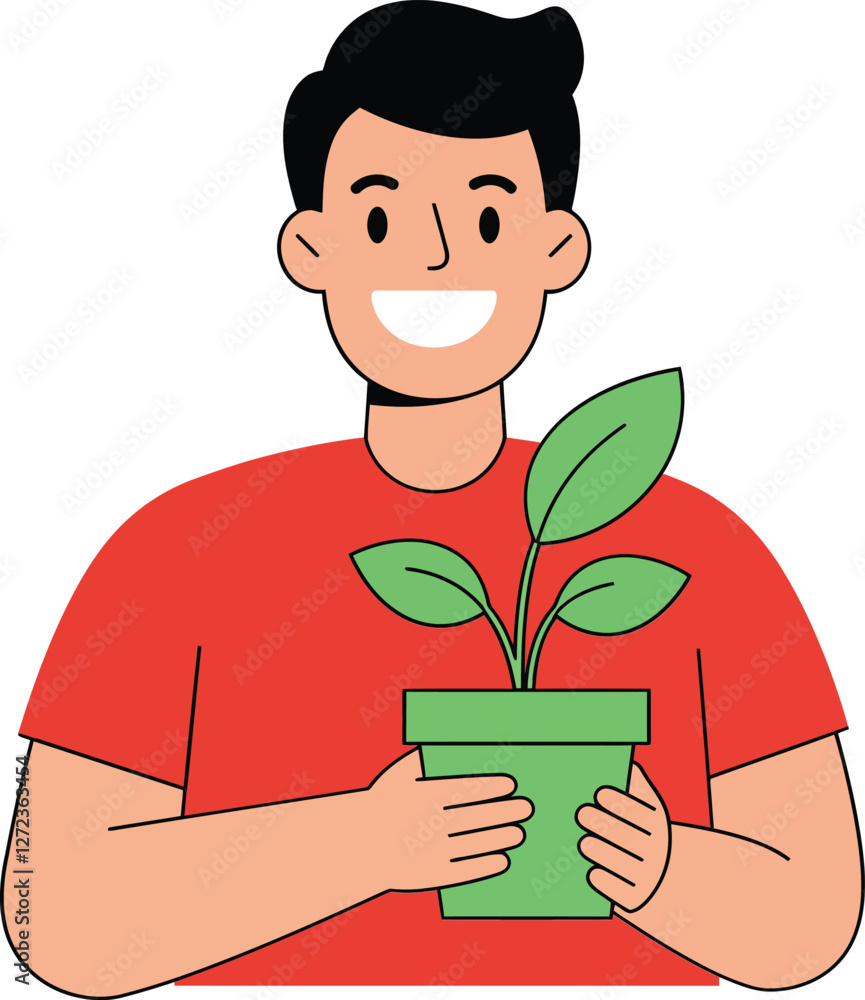 Man holding a potted plant in flat minimal vector art style Man holding a potted plant in flat minimal vector art style