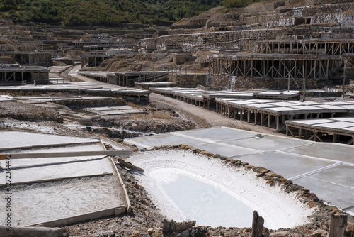 salt flats of Añara , Alava Spain, drying beds or crystallizing ponds in diferent levels, in a salt mine plant,, salt production by evaporation of salt water