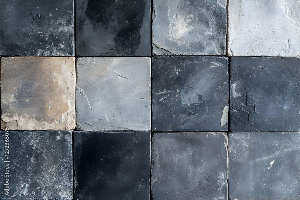 Naklejka premium Intricate arrangement of weathered stone tiles exhibiting varying shades of gray, adding visual interest and textural depth to the overall composition