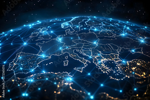 Interconnected Europe, A Digital Network Illuminating the Continent's Geography and Fostering Global Communication and Technological Advancement