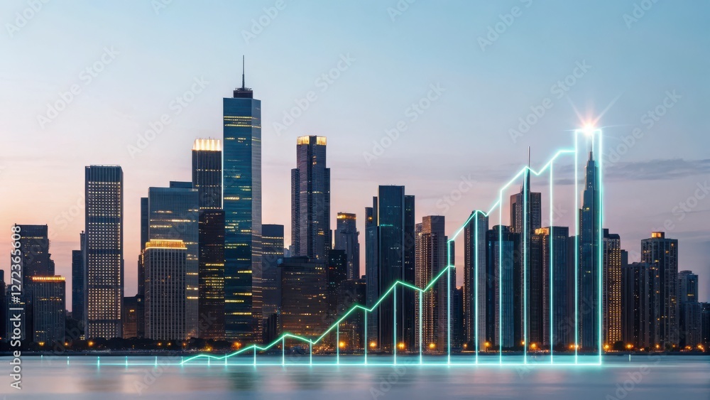 Fototapeta premium Illuminated City Skyline at Night with Upward Trending Graph Overlay