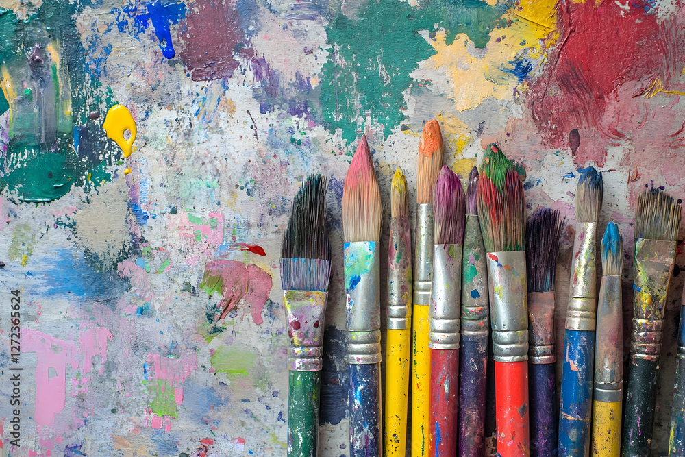 Fototapeta premium Artistic tools of expression, A collection of paintbrushes resting on a vibrant canvas, showcasing the beauty of artistic creation and visual storytelling