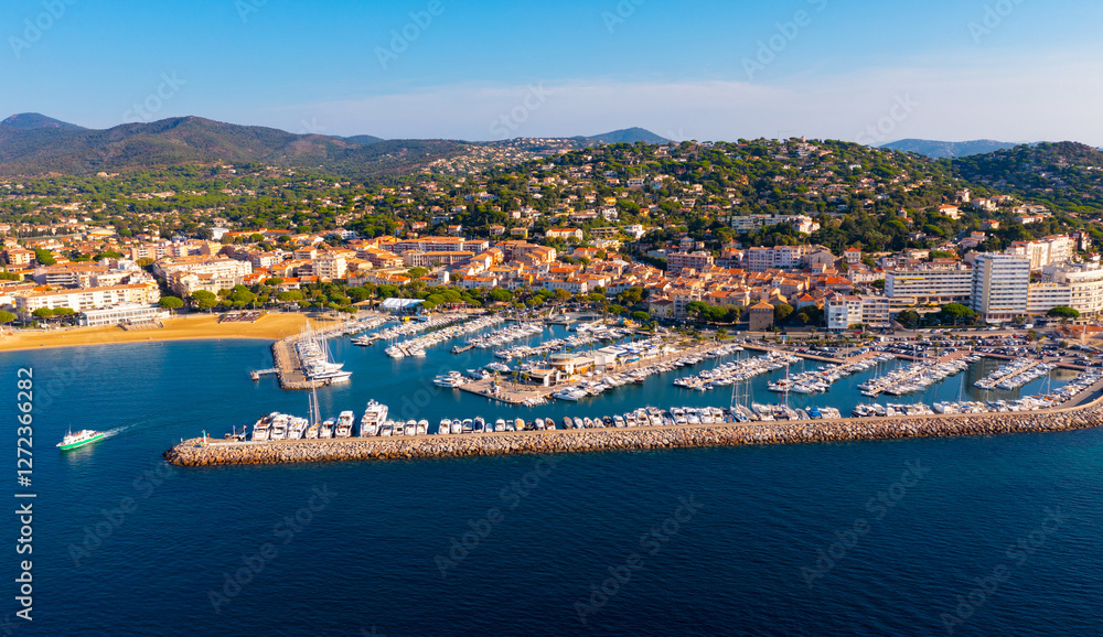 Fototapeta premium Aerial view of the small seaside town of Sainte-Maxime, located in the south-east of France on the Cote d'Azur