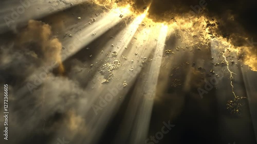 Golden coins falling from dramatic sky with light rays and lightning