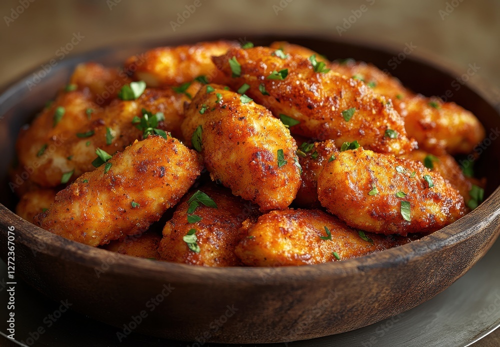 Crunchy and Flavorful Fried Snacks with Fresh Herbs Served in a Rustic Wooden Bowl on Table for Elegant Culinary Presentation Crunchy and Flavorful Fried Snacks with Fresh Herbs Served in a Rustic Wooden Bowl on Table for Elegant Culinary Presentation