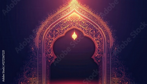 Glowing Golden Arch Gateway with Sparkling Purple Background photo