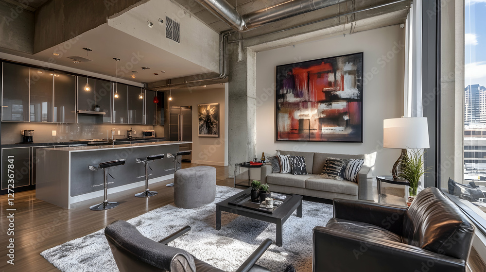 Fototapeta premium Sophisticated apartment living room with a spacious layout, luxurious decor, and comfortable furnishings for a stylish home