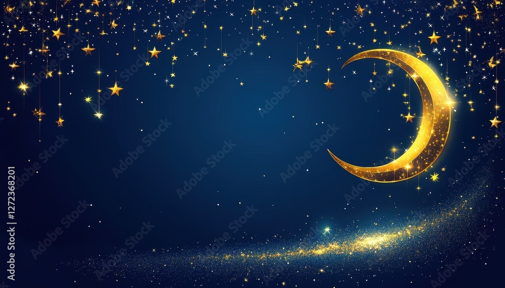 Naklejka premium Golden Crescent Moon and Sparkling Stars on a Dark Blue Night