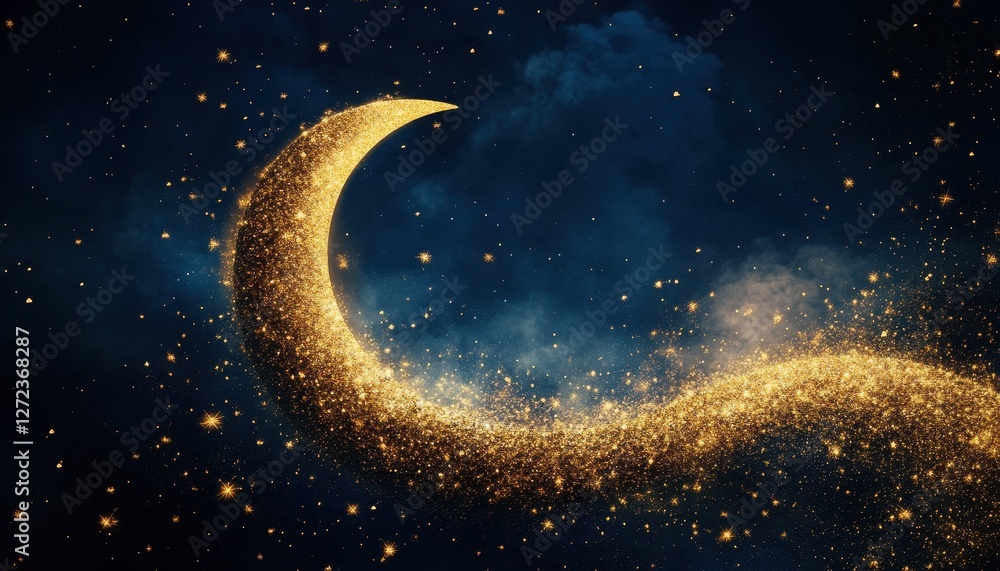 Golden Crescent Moon and Starry Night Sky Golden Crescent Moon and Starry Night Sky