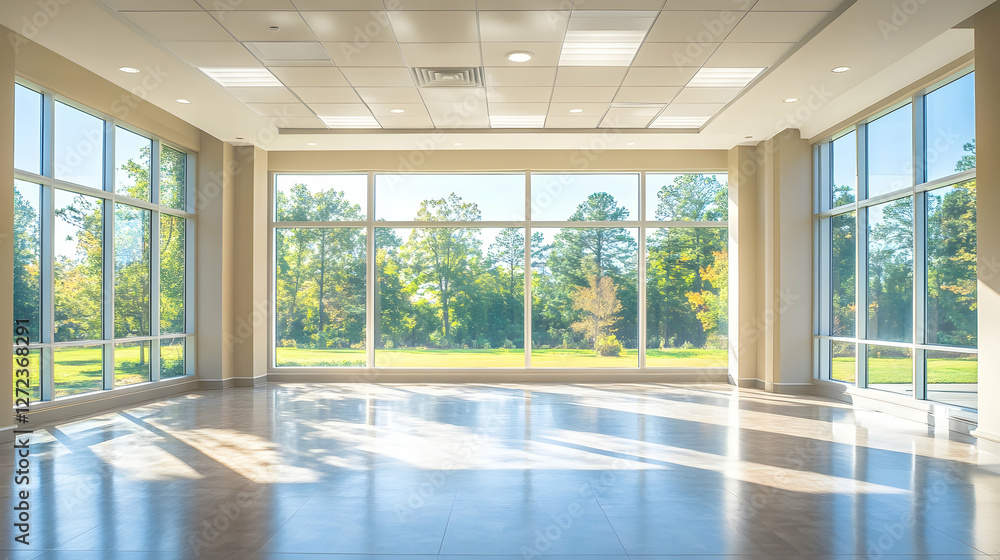 Fototapeta premium Spacious Office with Large Windows and Bright Lighting