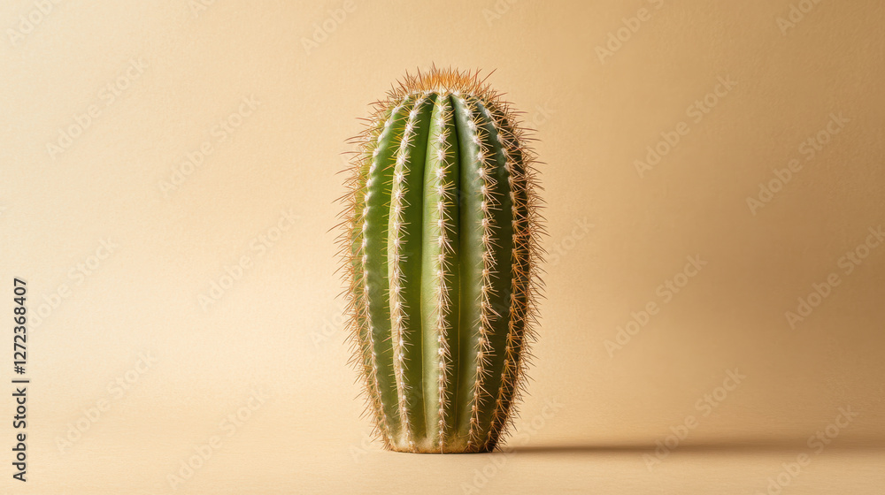 Naklejka premium A single desert cactus with a thick, ribbed surface, standing tall against a pale sand-colored background