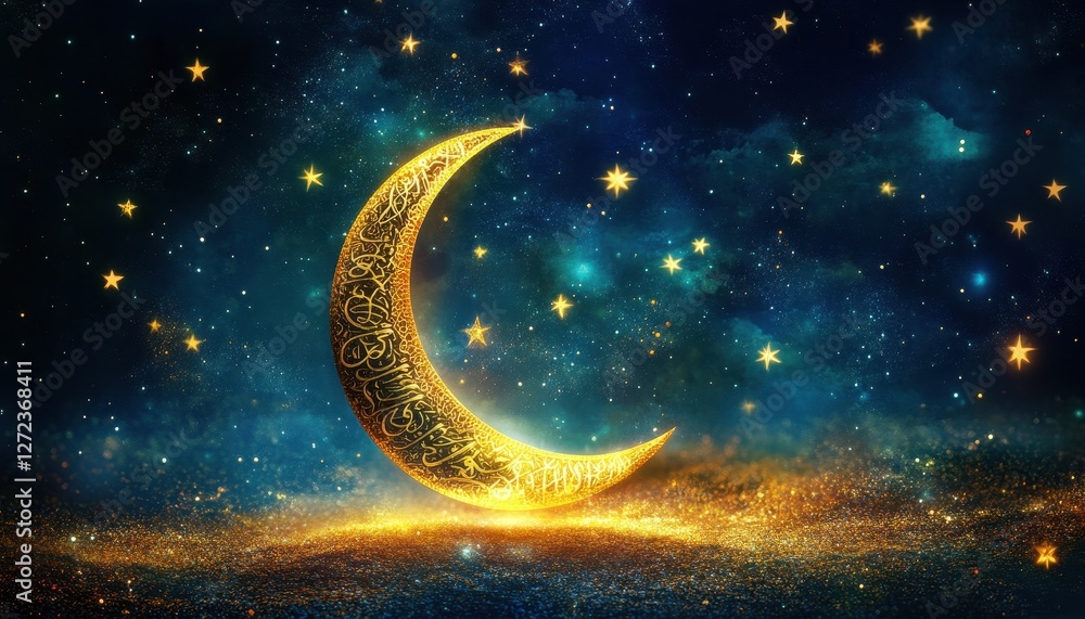 Naklejka premium Golden Crescent Moon and Stars in a Night Sky
