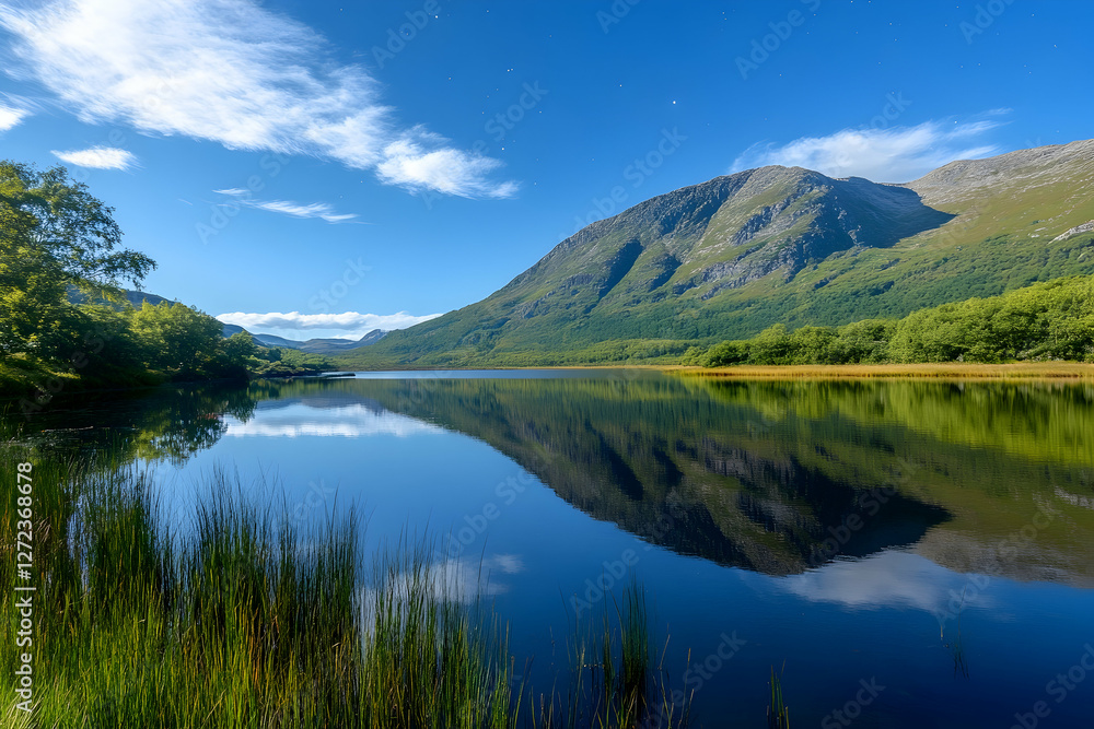 Fototapeta premium Starry sky mirrored in the calm waters of a serene mountain lake