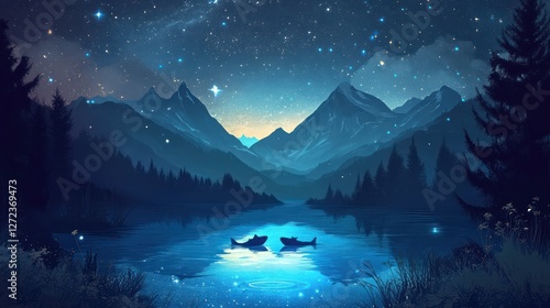 Night lake, boats, mountains, stars, peace
