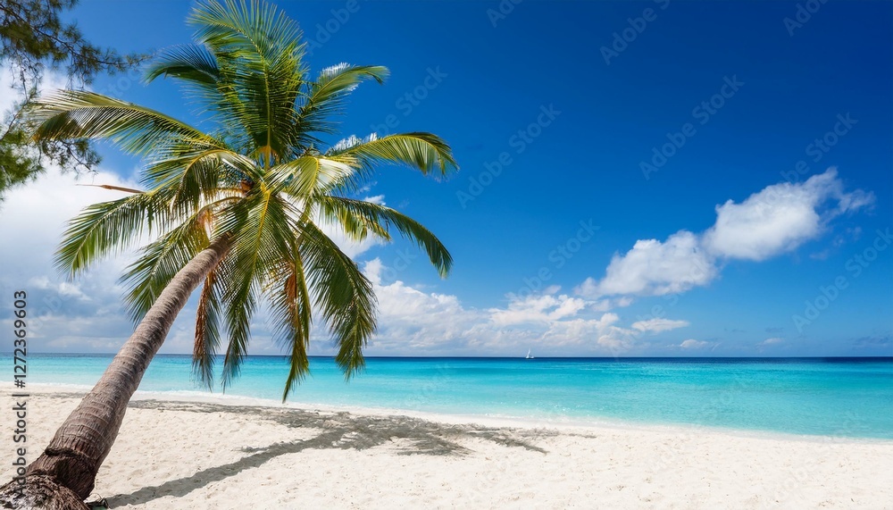 Beautiful palm tree on tropical island beach on background blue sky with white clouds and turquoise ocean on sunny day. Generated image Beautiful palm tree on tropical island beach on background blue sky with white clouds and turquoise ocean on sunny day. Generated image