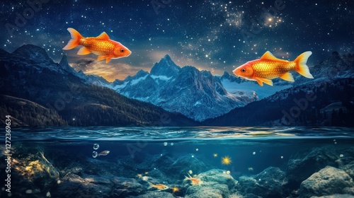 Goldfish soar, mountain lake, night sky, fantasy