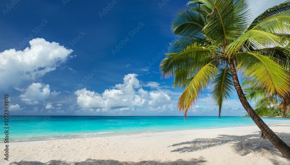 Beautiful palm tree on tropical island beach on background blue sky with white clouds and turquoise ocean on sunny day. Generated image Beautiful palm tree on tropical island beach on background blue sky with white clouds and turquoise ocean on sunny day. Generated image