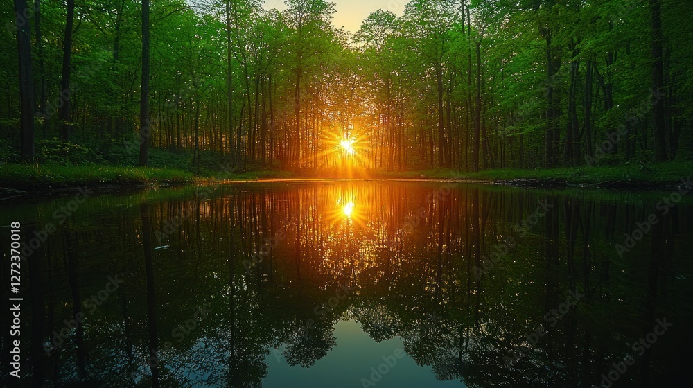 Obraz premium Sunset Reflecting in Forest Pond Water Trees