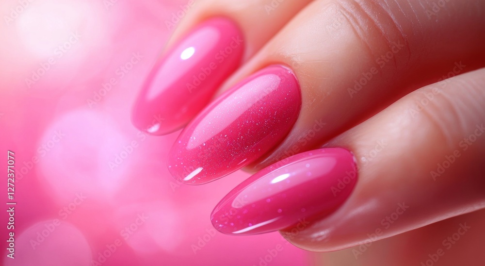 Close-up of glossy pink nail polish application with shiny top coat in beauty salon Close-up of glossy pink nail polish application with shiny top coat in beauty salon