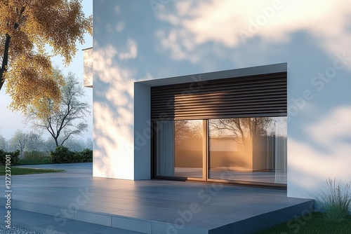 Modern House with Large Glass Door and Roller Shutters in Morning Light