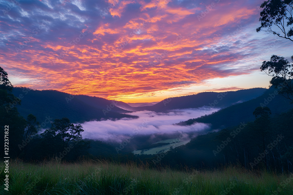 Fototapeta premium Stunning sunrise over misty mountains with a colorful sky