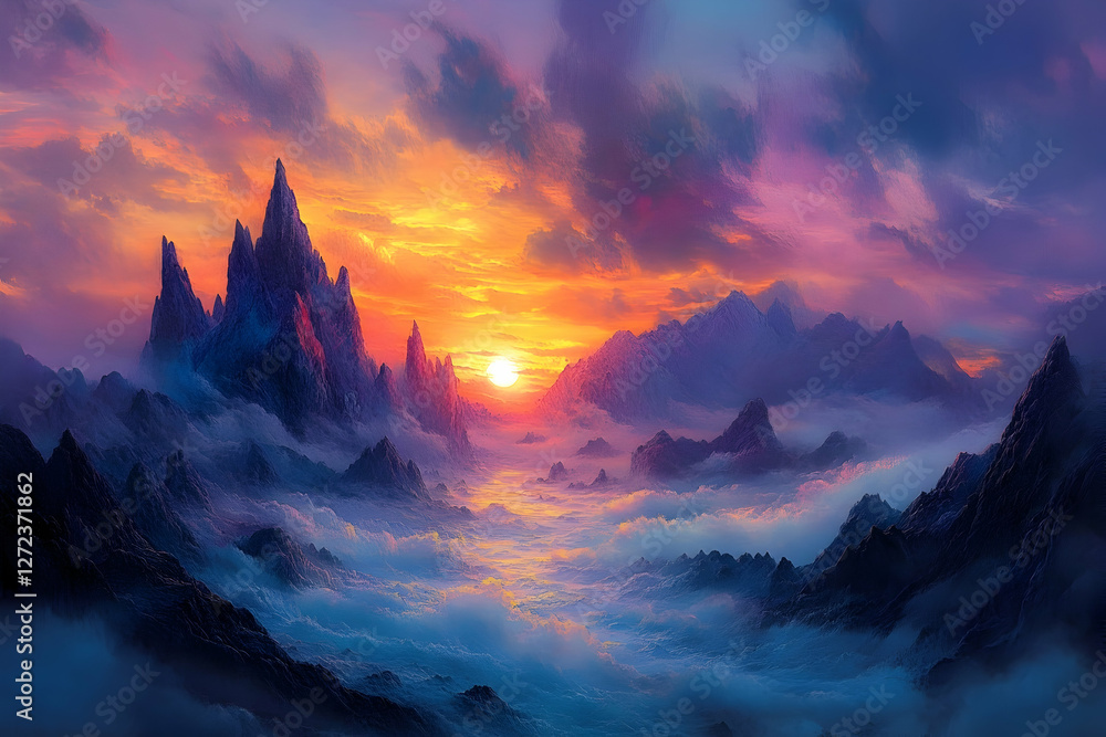 Obraz premium Stunning sunrise over misty mountains with a colorful sky