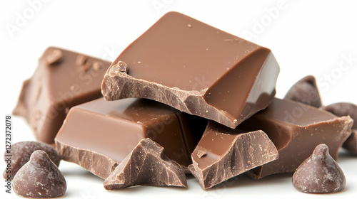 Milk chocolate chunks and chips on white. Food photography for recipe websites