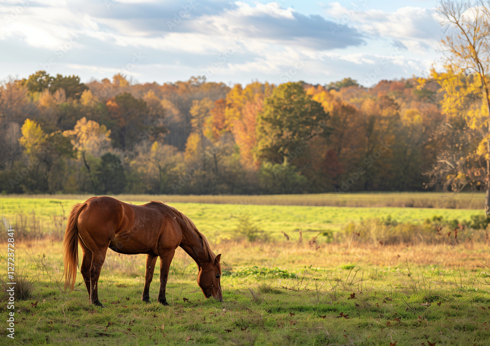 Obraz premium Horse Photography, Natural Landscapes, Horse Pasture, Realistic Horse Image, Fall, Sunset, Equestrian Portrait