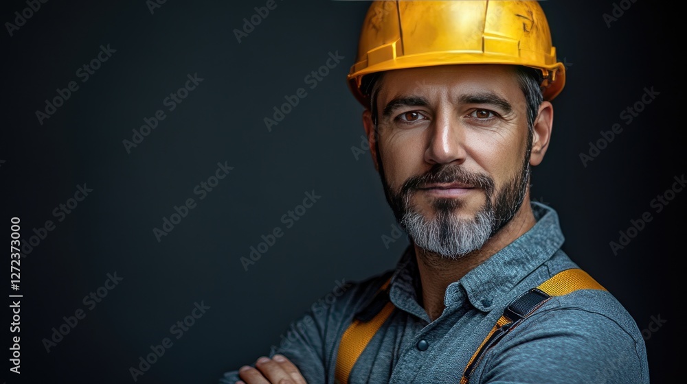 Serious man in a yellow safety helmet, studio portrait, dark background, confident expression, arms crossed, safety worker, construction worker, close-up Serious man in a yellow safety helmet, studio portrait, dark background, confident expression, arms crossed, safety worker, construction worker, close-up