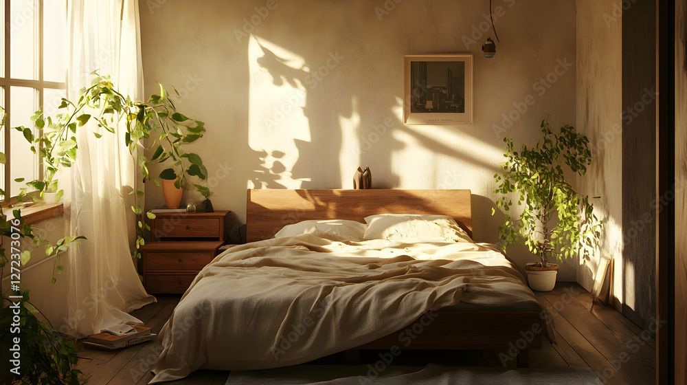 Fototapeta premium Sunlit bedroom with a wooden bed, soft linens, and minimalist decor creating a peaceful retreat