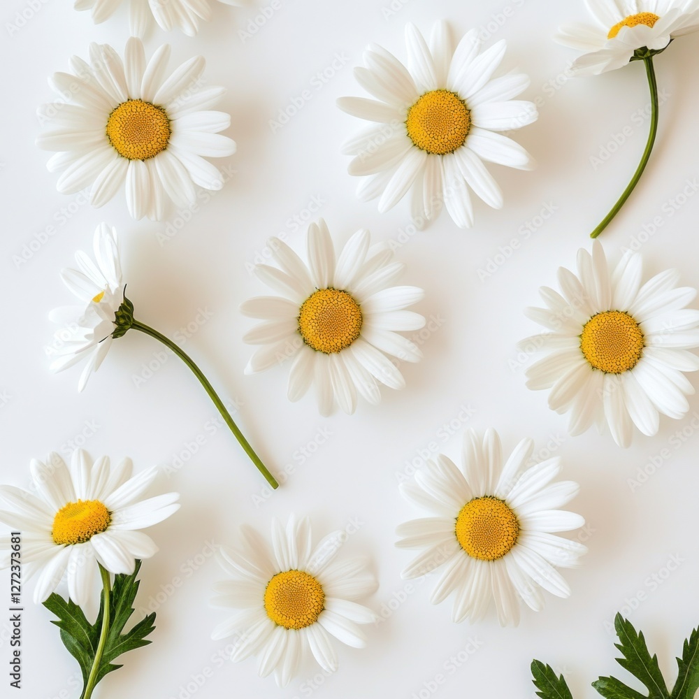 Fototapeta premium Top-down view of white daisies loosely positioned on a smooth white background, fresh and calming mood, ultra-crisp focus on petal textures and natural beauty