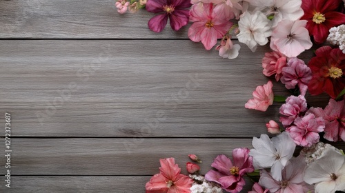 Top-down view of mixed flowers scattered across a smooth wooden surface, artistic placement with open space for text, pastel and vibrant tones blending harmoniously, crisp and ultra-detailed