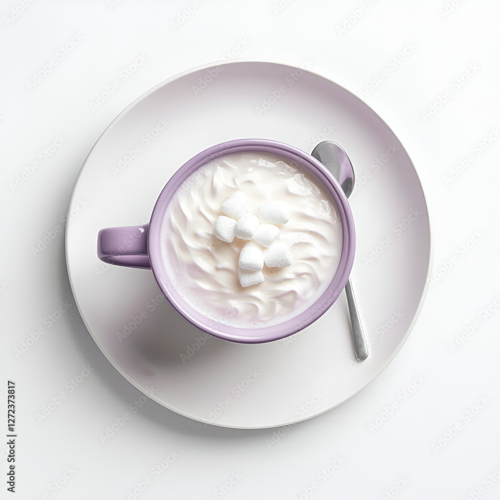 Overhead shot of a drink with marshmallows in a light purple mug, on a white plate, with a spoon. Overhead shot of a drink with marshmallows in a light purple mug, on a white plate, with a spoon.