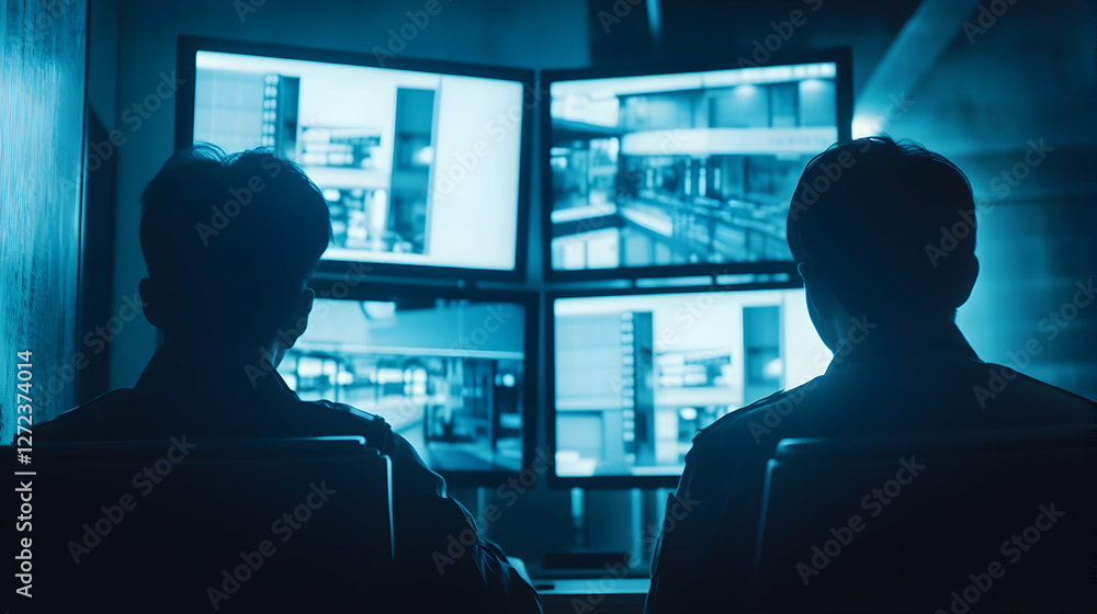 Fototapeta premium Under Surveillance, Two Security Guards Monitoring a Bank of CCTV Screens in a Dimly Lit Control Room at Night, Ensuring Public Safety