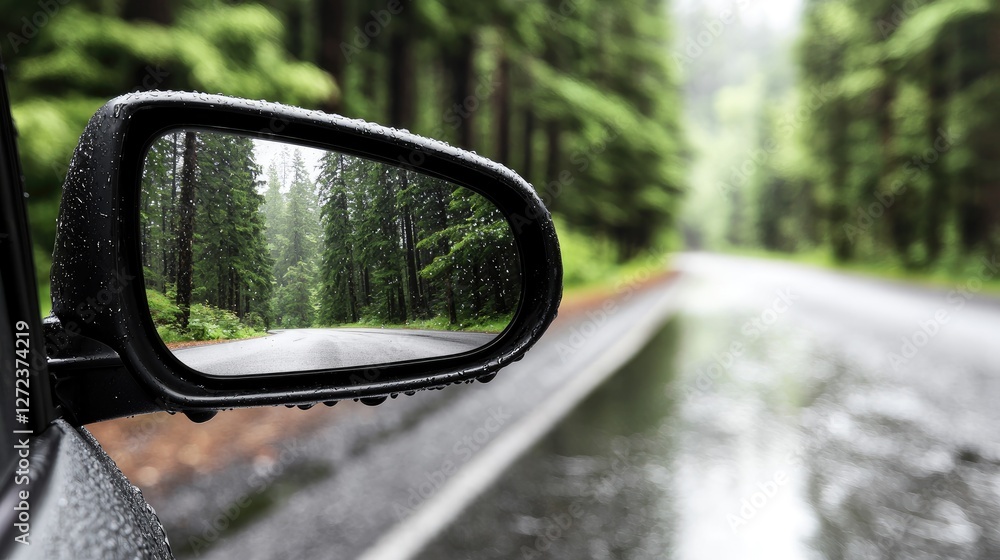 Car side mirror reflecting rainy forest road Car side mirror reflecting rainy forest road