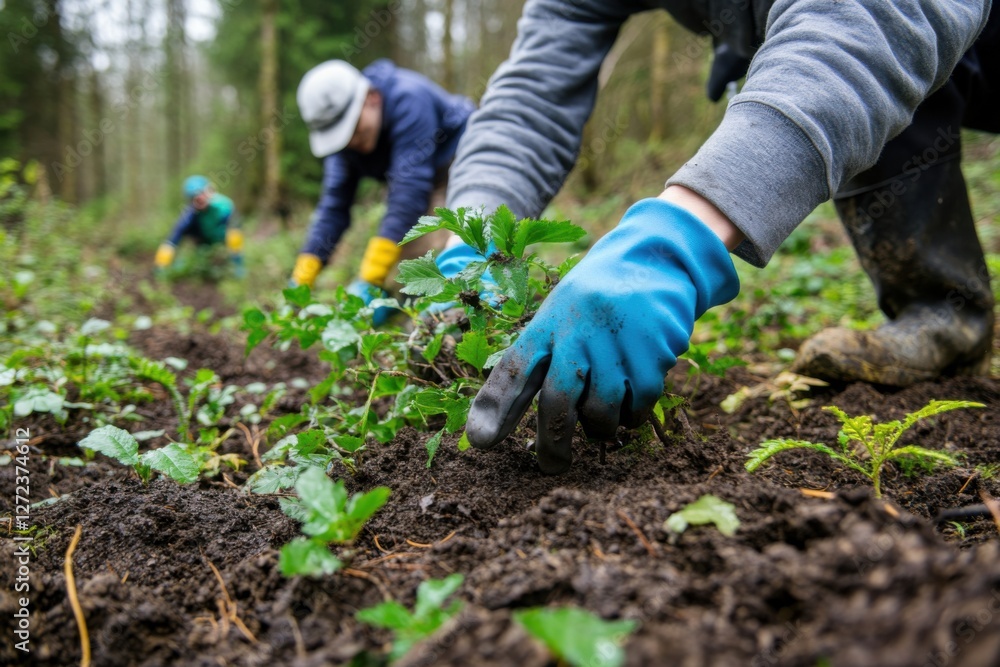 Fototapeta premium Volunteers in gloves and casual outdoor wear, carefully planting trees in a forest area, rich earthy textures and vibrant greenery, natural and engaging composition