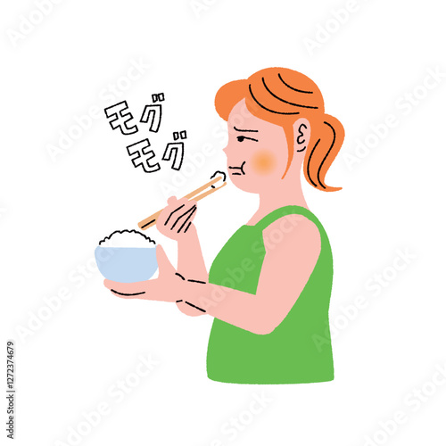 横から見た白米を不味そうに食べる女性
