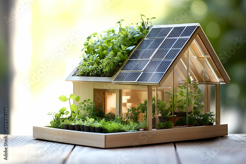 Sustainable housing concept with a miniature eco-friendly home model and growing plants
