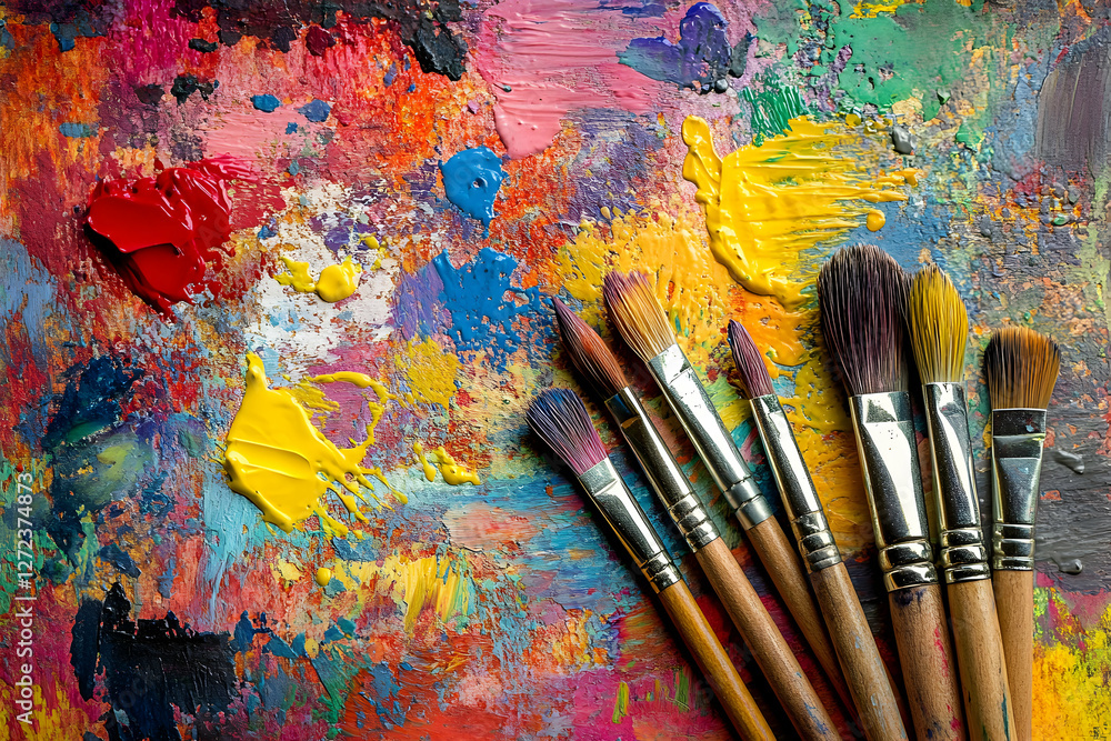 Fototapeta premium Vibrant Palette and Brush Collection, A Colorful Symphony of Artistic Tools Ready for Creative Expression and Imagination in Studio