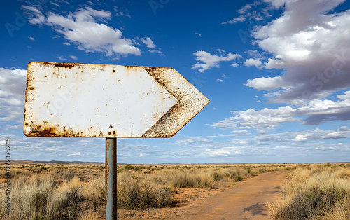 Weathered direction sign points the way across an arid landscape under a bright blue sky dotted with fluffy white clouds offering an uncertain path photo