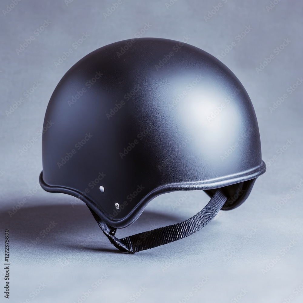 Fototapeta premium Black helmet on gray background. Safety concept for a biker, rider, or worker. Use ad, safety poster