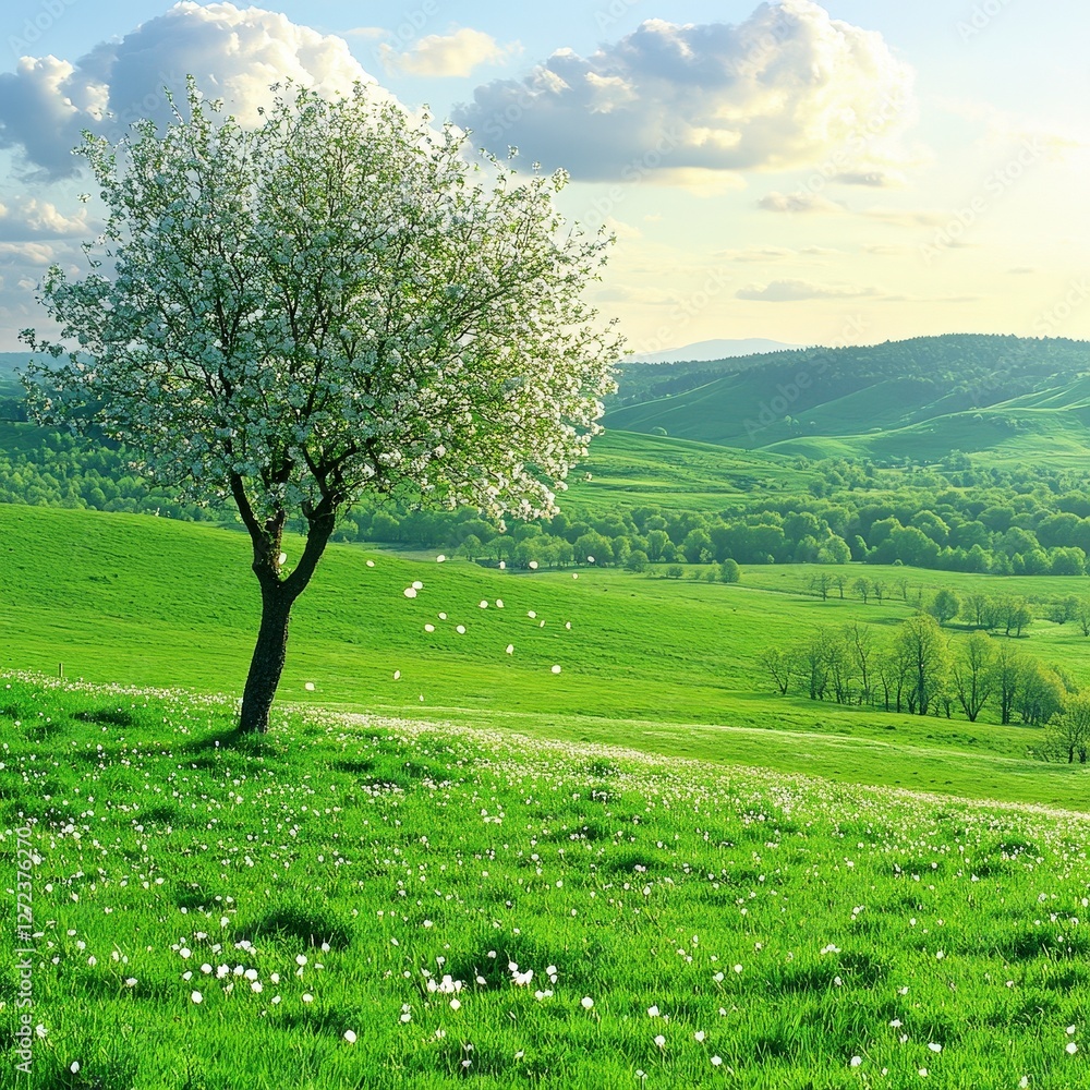 Blooming tree on green field, springtime. Rolling hills in the horizon. Nature backdrop Blooming tree on green field, springtime. Rolling hills in the horizon. Nature backdrop