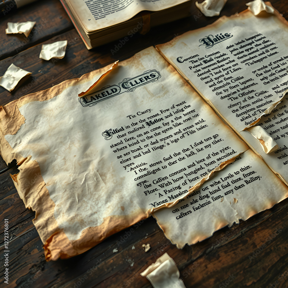 Naklejka premium Aged Torn Pages of an Old Book with Burnt Edges on Wooden Table